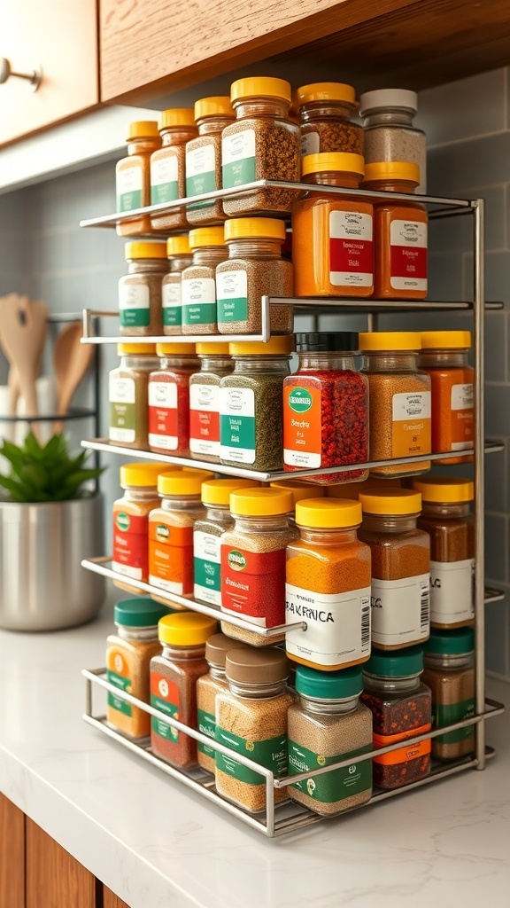 An organized seasoning rack with colorful jars of spices and herbs on a kitchen countertop.